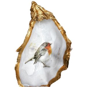 Handgedecoreerde gouden oester met roodborstje