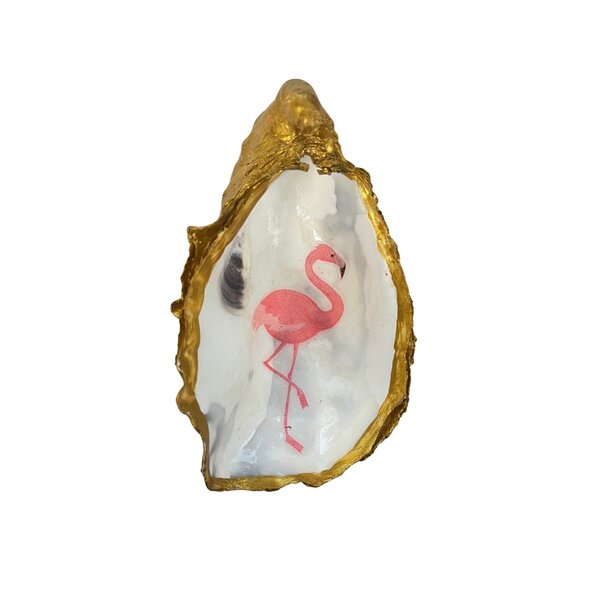 Handdekorierte goldene Auster mit Flamingo