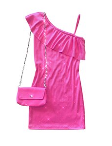  One Shoulder Dress with Sparkle & Bag - Pink