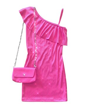  One Shoulder Dress with Sparkle & Bag - Pink