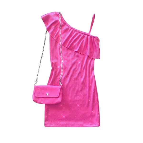 One Shoulder Dress with Sparkle & Bag - Pink