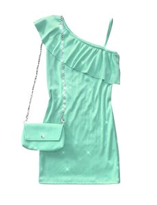 One Shoulder Dress with Sparkle & Bag - Mint