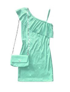  One Shoulder Dress with Sparkle & Bag - Mint