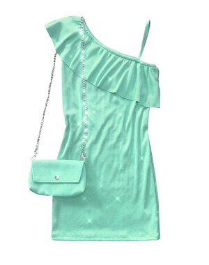  One Shoulder Dress with Sparkle & Bag - Mint