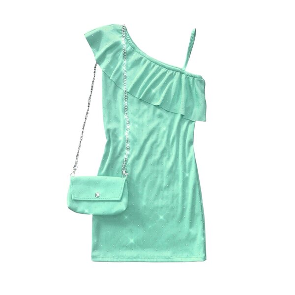 One Shoulder Dress with Sparkle & Bag - Mint