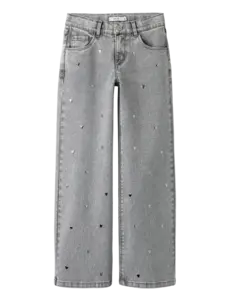 NAME IT Name It NKF Rose Wide Jeans with Hearts Studs - Light Grey Denim