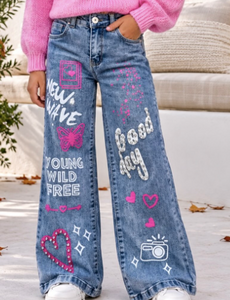  Graffiti Stretch Jeans - Blue/Pink