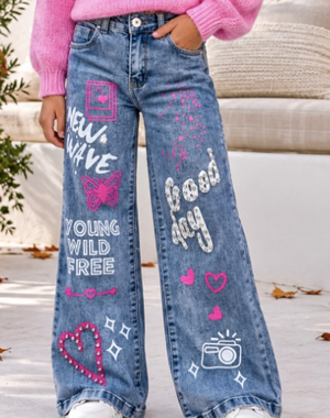  Graffiti Stretch Jeans - Blue/Pink