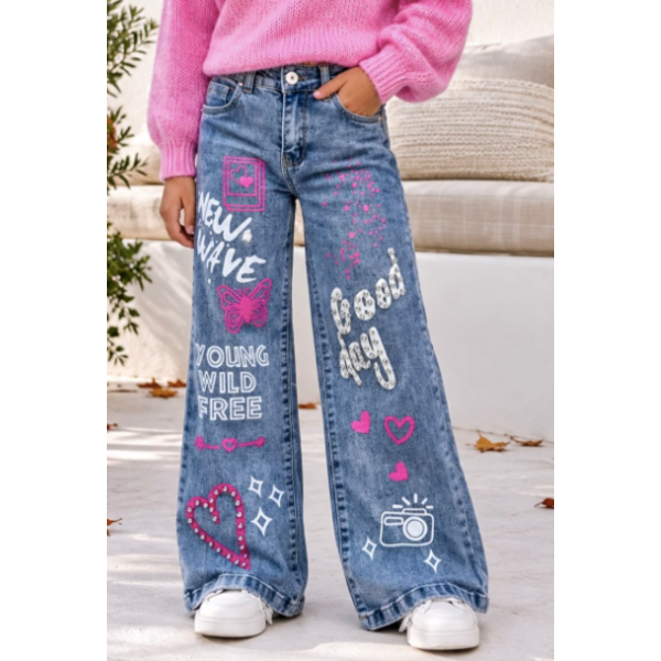 Graffiti Stretch Jeans - Blue/Pink