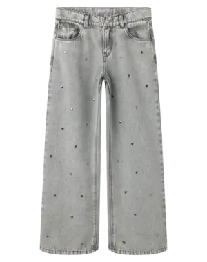NAME IT Name It - Rose Wide Denim Jeans with Heart Studs - Light Grey