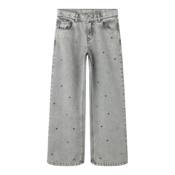 NAME IT Name It - Rose Wide Denim Jeans with Heart Studs - Light Grey