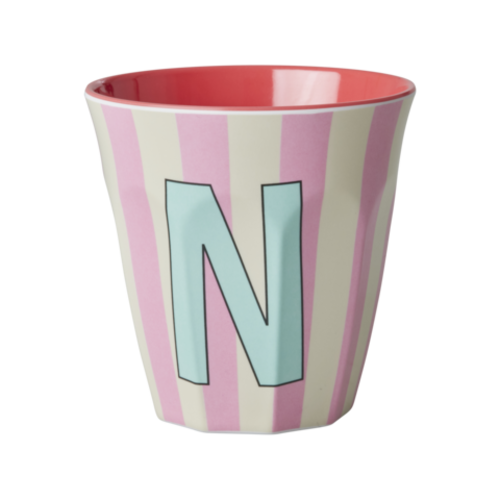 Rice Medium Melamine Cup - Alphabet - Stripe - Pinkisch - Letter N 