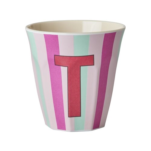 Rice Medium Melamine Cup - Alphabet - Stripe - Pinkisch - Letter T 