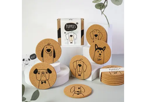PepMelon PUPPIES - Schattige kurkonderzetters met honden, set van 6, met doos