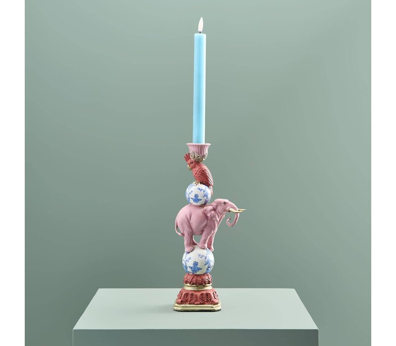 Werner Voss -  Kandelaar - papegaai op olifant - roze-blauw-wit - 30,5 cm
