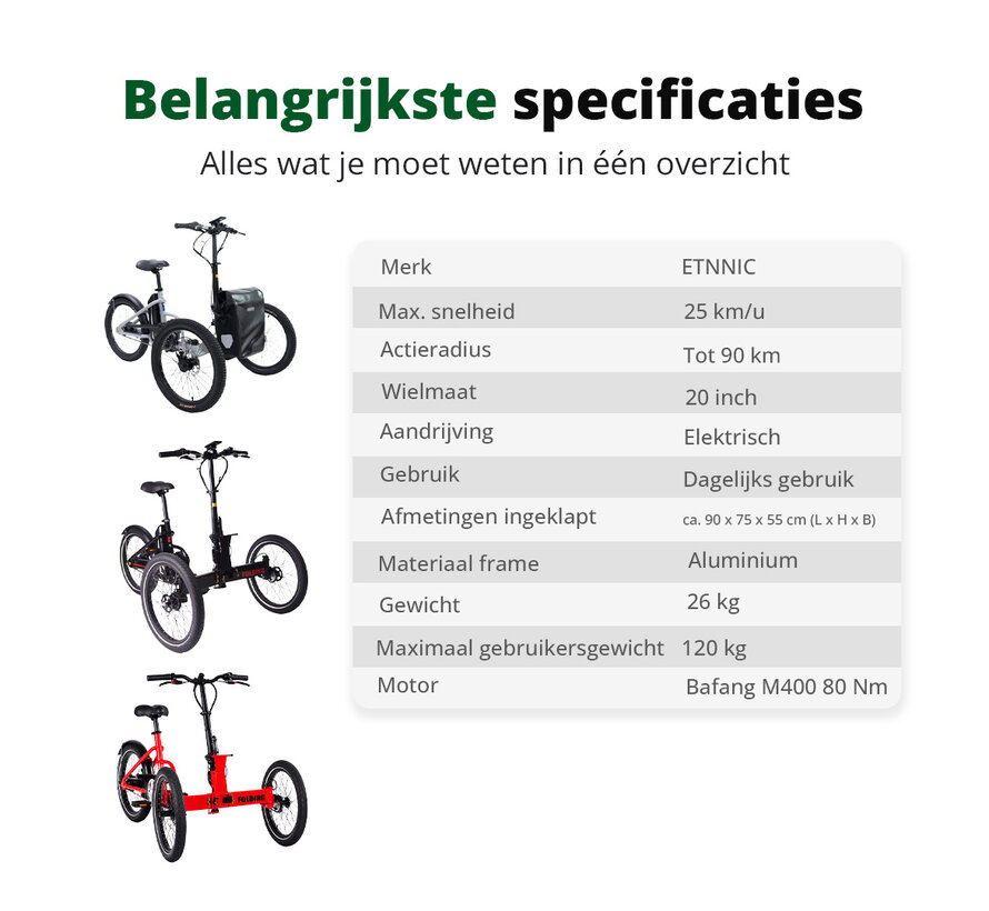 ETNNIC City 3.0 - elektrische driewielfiets – Comfortabel fietsen in de stad – Wendbaar en Compact