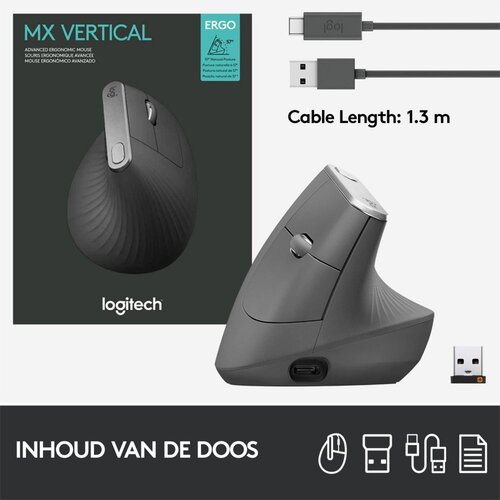 Logitech  MX Vertical | Draadloze Ergonomische Muis | Rechtshandig | RF + Bluetooth + USB-C | 4000 DPI suggestie | Grafiet