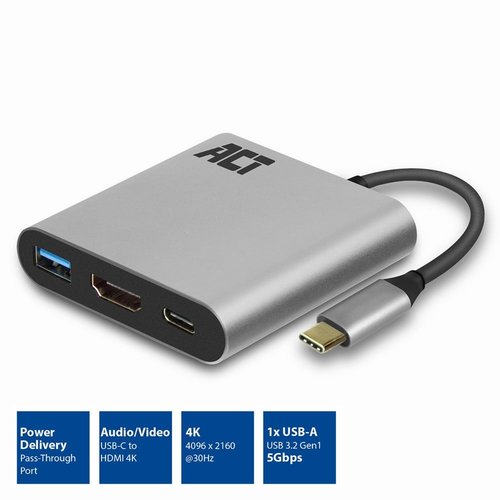 ACT AC7022 | USB-C naar HDMI Female Adapter | PD Pass-Through 60W | 4K | USB-A