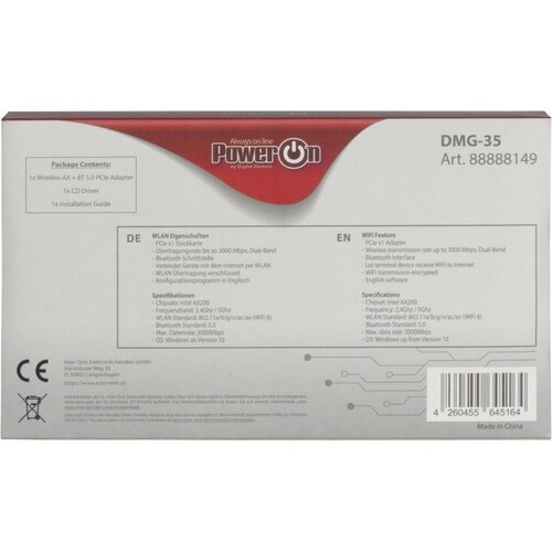 Inter-Tech DMG-35 | Wi-Fi 6 & Bluetooth 5.0 PCIe Adapter | 3000 Mbps | Dual-band (2,4 GHz / 5 GHz) | Intel AX200 Chipset | PCIe x1