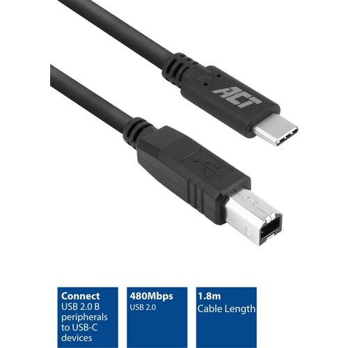 ACT | USB 2.0 Kabel | USB-C naar USB-B | 1,8m | Zwart