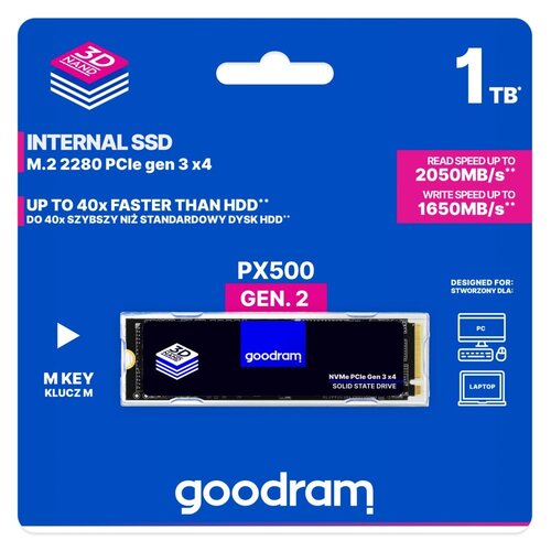 Goodram PX500 | 1TB NVMe SSD | M.2 Gen3 | 2.050MB/s Lezen | 1.650MB/s Schrijven