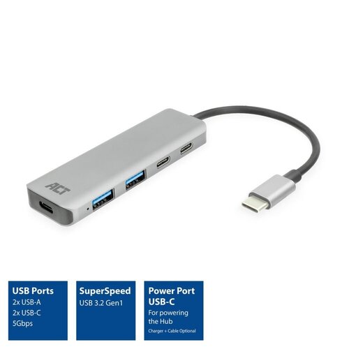 ACT AC7072 USB-C Hub 3.0 | 2x USB-A & 2x USB-C Poorten | 5 Gbps | Aluminium Behuizing | 12 cm Kabel