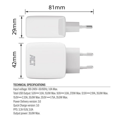 ACT AC2135 | USB-C Lader 35W | Power Delivery PPS & GaNFast
