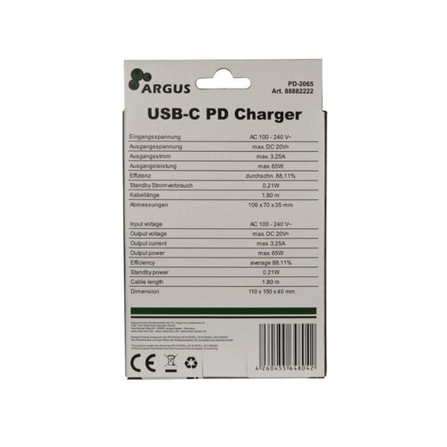 Inter-Tech Argus PD-2065 | Universele USB-C Oplader 65W | Zwart | Met Geïntegreerde Kabel