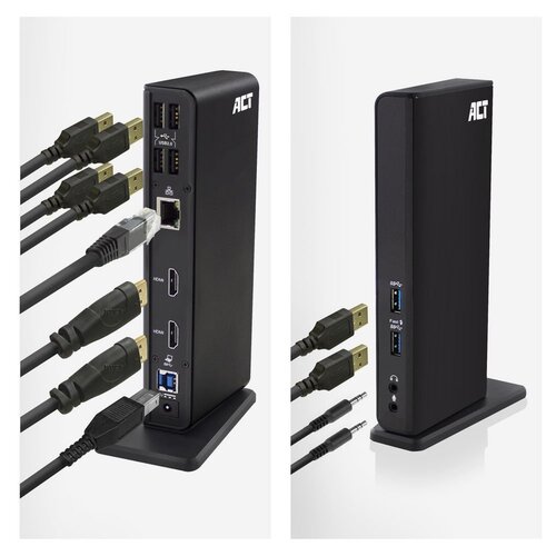 ACT AC7049 | USB-C/A Multiport Docking Station | 2x HDMI (2048x1152) + Ethernet + 6x USB + Audio | Zwart