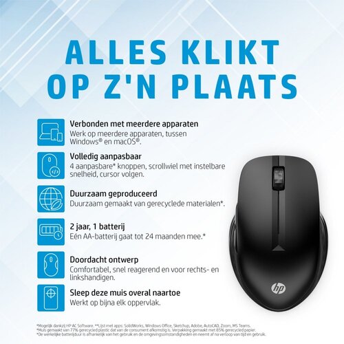 HyperX HP 430 | Multi-Device Draadloze Muis | Links- en Rechtshandig | RF + Bluetooth | 1200 DPI | Zwart