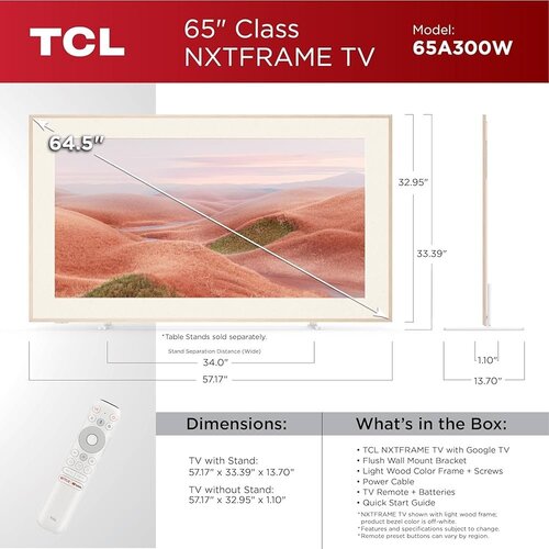 TCL NXTFRAME 65A300W Wit 65" | Ultra HD 4K QLED Smart TV | VIDAA + Wifi | HDR10+ | Slim Design met NXTFRAME | 120Hz