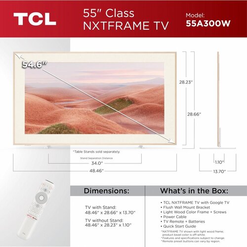 TCL NXTFRAME 55A300W Wit 55" | Ultra HD 4K QLED Smart TV | Google TV + Wi-Fi | Dolby Vision | Slim Design met NXTFRAME | 120Hz