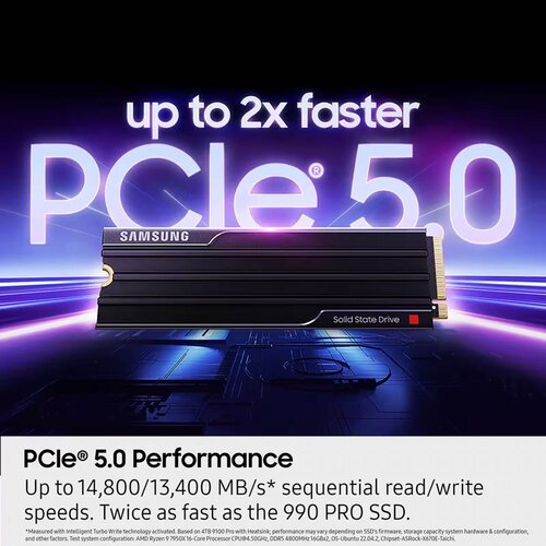 Samsung 9100 PRO | 2TB NVMe SSD | M.2 | Gen5 | 14.700MB/s Lezen | 13.400MB/s Schrijven | Heatsink