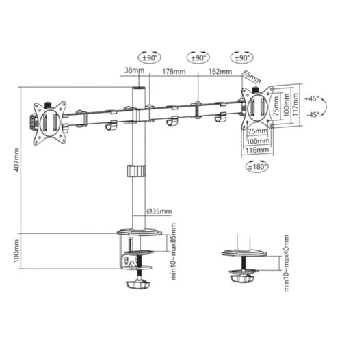 SBOX LCD-352/2-2 | Verstelbare Monitor-bureaubeugel | Tot 32" | Max 9kg | VESA 100x100 | 2 Monitoren
