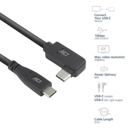 ACT AC7405 | USB 3.0 Kabel | USB-C (recht) naar USB-C (haaks) | 60W | 10Gbps | 0,5m | Zwart