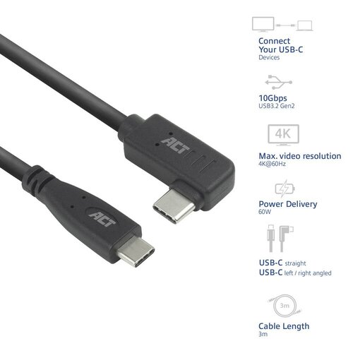 ACT AC7408 | USB 3.2 Gen 2 Kabel | USB-C (recht) naar USB-C (haaks links/rechts) | 60W | 10Gbps | 3m | Zwart
