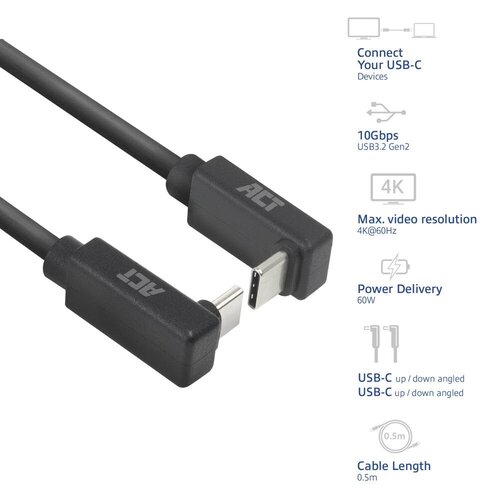 ACT AC7476 | USB 3.2 Gen 2 Kabel | USB-C (haaks boven/beneden) naar USB-C (haaks boven/beneden) | 60W | 10Gbps | 0,5m | Zwart