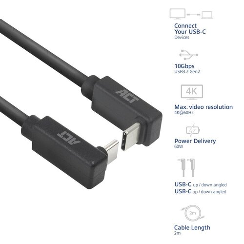 ACT AC7478 | USB 3.2 Gen 2 Kabel | USB-C (haaks boven/beneden) naar USB-C (haaks boven/beneden) | 60W | 10Gbps | 2m | Zwart