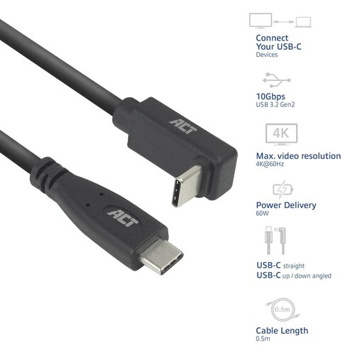 ACT AC7470 | USB 3.2 Gen 2 Kabel | USB-C (recht) naar USB-C (haaks boven/beneden) | 60W | 10Gbps | 0,5m | Zwart