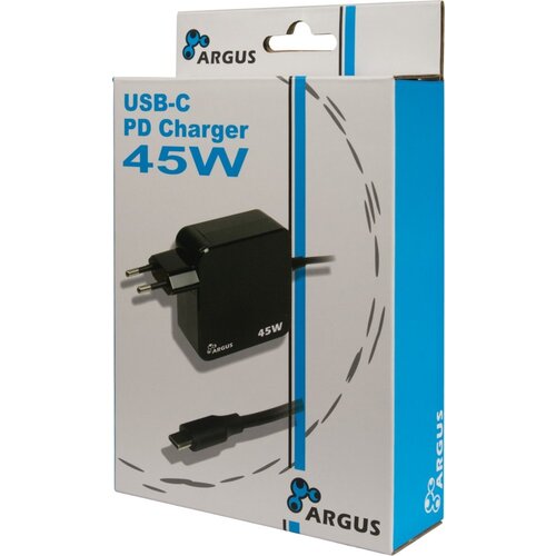 Inter-Tech Argus PD-2045 | Universele USB-C Oplader 45W | Zwart | Met Geïntegreerde Kabel