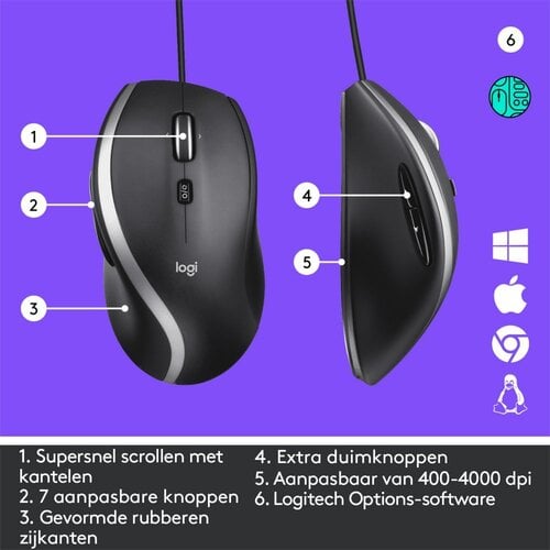 Logitech M500s Advanced | Bekabelde Muis | Rechtshandig | USB-A | 4000 DPI | Zwart/Zilver
