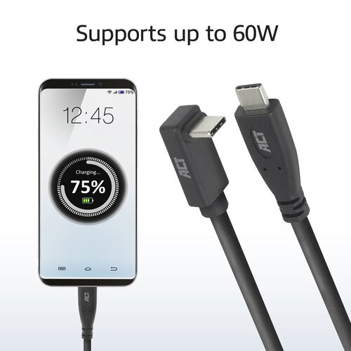 ACT AC7471 | USB 3.2 Gen 2 Kabel | USB-C (recht) naar USB-C (haaks boven/beneden) | 60W | 10Gbps | 1m | Zwart