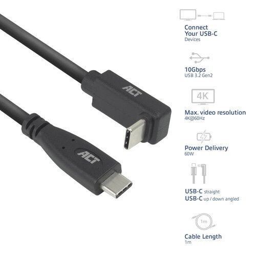 ACT AC7471 | USB 3.2 Gen 2 Kabel | USB-C (recht) naar USB-C (haaks boven/beneden) | 60W | 10Gbps | 1m | Zwart