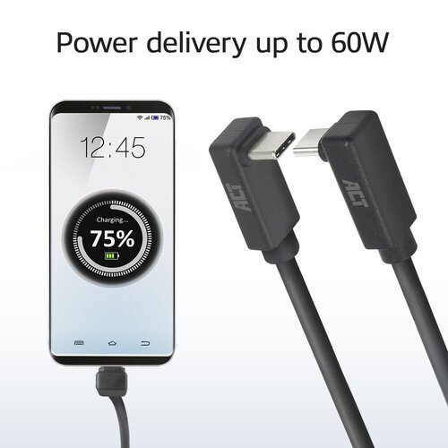 ACT AC7477 | USB 3.2 Gen 2 Kabel | USB-C (haaks boven/beneden) naar USB-C (haaks boven/beneden) | 60W | 10Gbps | 1m | Zwart