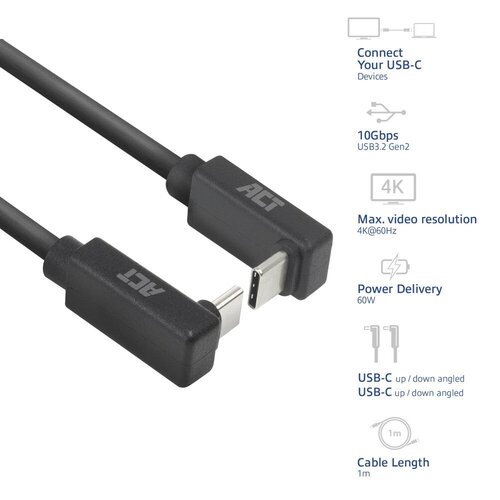 ACT AC7477 | USB 3.2 Gen 2 Kabel | USB-C (haaks boven/beneden) naar USB-C (haaks boven/beneden) | 60W | 10Gbps | 1m | Zwart