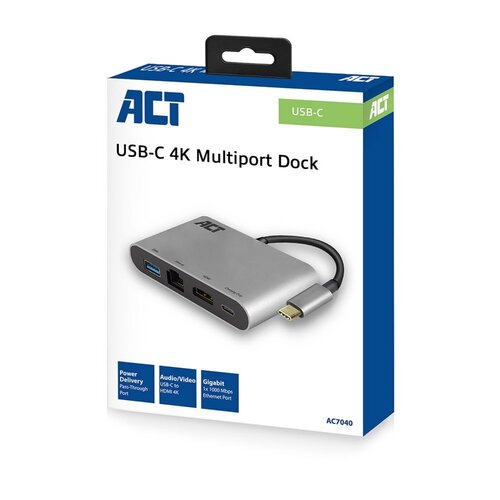 ACT AC7040 | USB-C naar HDMI multiport adapter | Met ethernet | Zilver