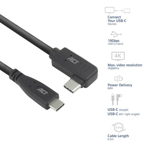 ACT AC7405 | USB 3.0 Kabel | USB-C (recht) naar USB-C (haaks) | 60W | 10Gbps | 0,5m | Zwart