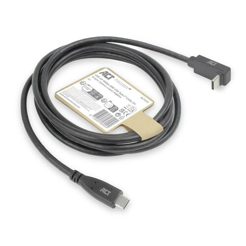 ACT AC7472 | USB 3.2 Gen 2 Kabel | USB-C (recht) naar USB-C (haaks boven/beneden) | 60W | 10Gbps | 2m | Zwart