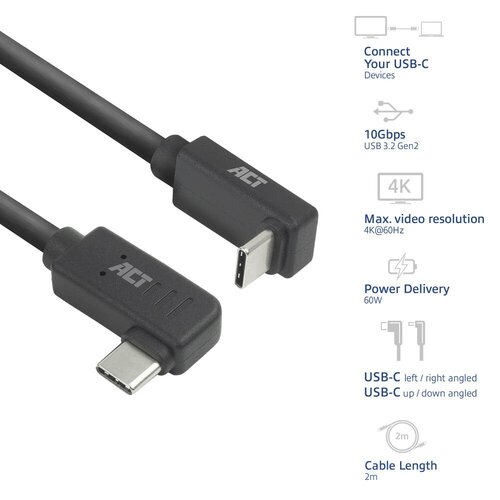ACT AC7482 | USB 3.2 Gen 2 Kabel | USB-C (haaks links/rechts) naar USB-C (haaks boven/beneden) | 60W | 10Gbps | 2m | Zwart