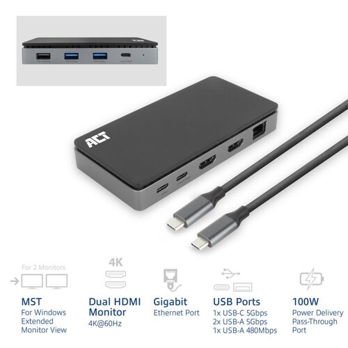 ACT AC7093 | USB-C 4K Docking Station | 2x HDMI + Ethernet + USB-C/USB-A + PD | 1m Kabel | OPEN BOX (refurbished)